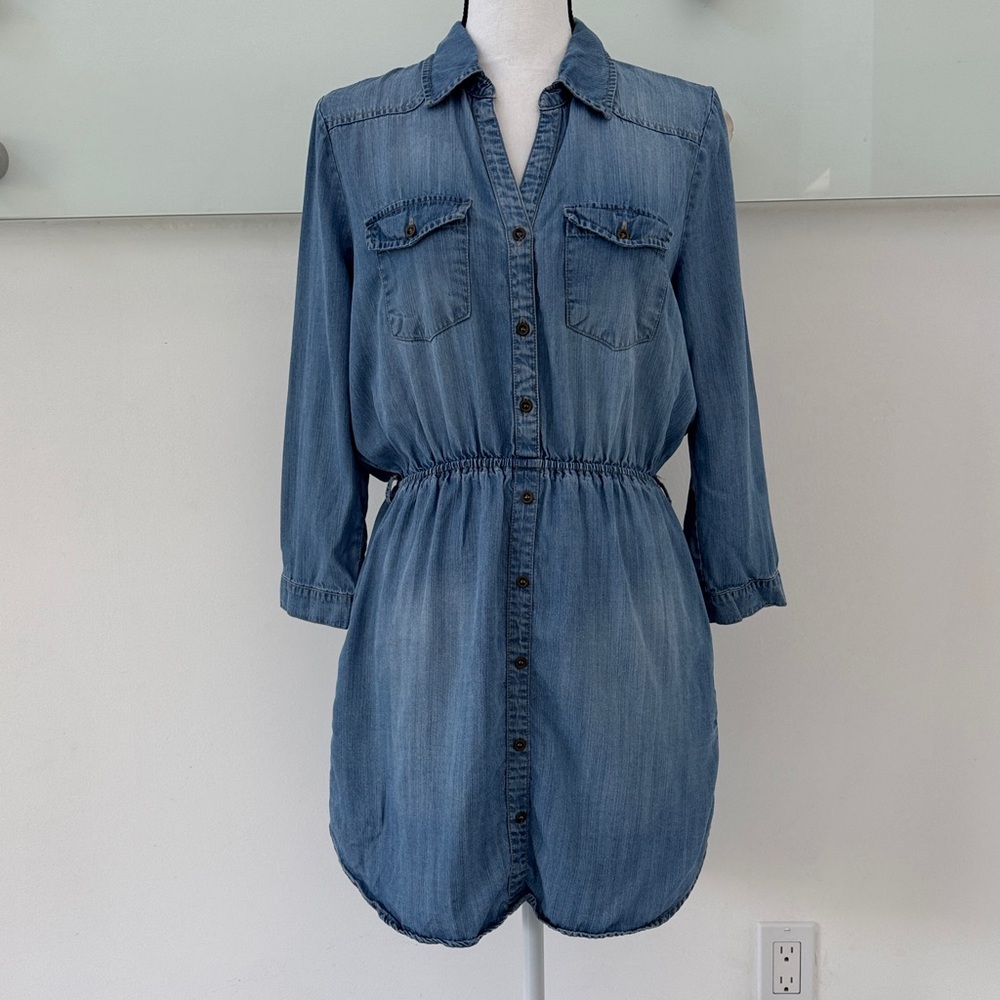 Papaya Medium Denim Jean Dress 3/4 Sleeve Elastic Waist with Pockets